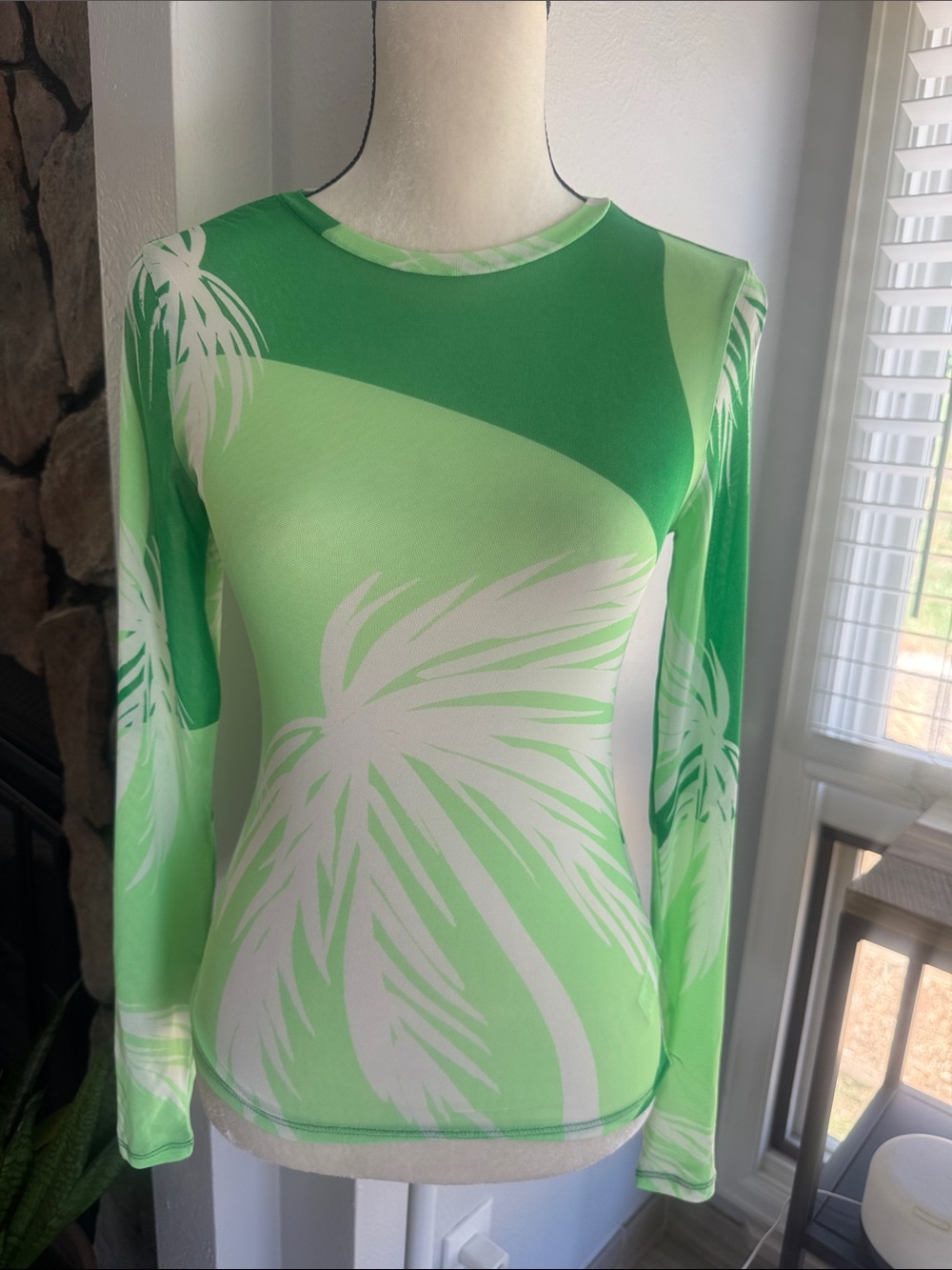 AFRM Green and White Palm-Print Long Sleeve Top